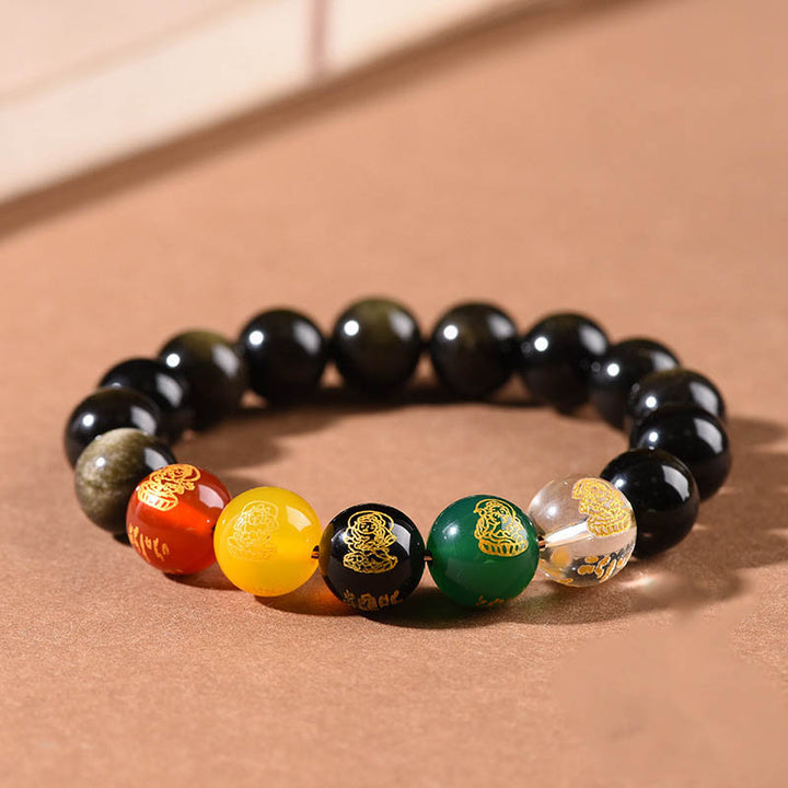 Buddha Stones Gold Sheen Obsidian Rainbow Obsidian Black Obsidian Five Directions Gods of Wealth Bracelet - image 5