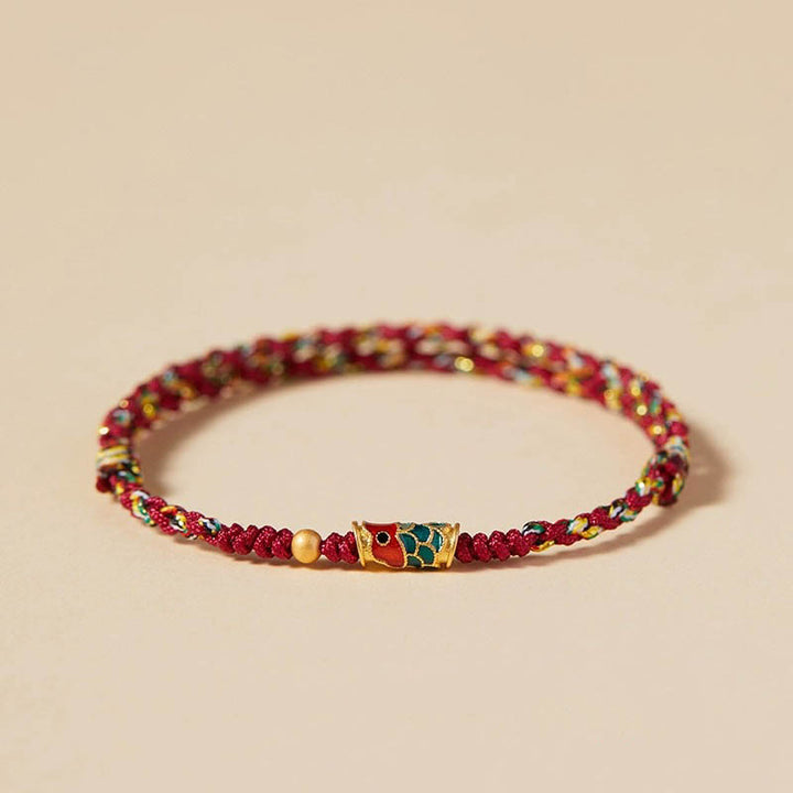 Buddha Stones Handcrafted Koi Fish Wealth Prosperity Braided Rope Bracelet - Red Colorful(Wrist Circumference 14-15.5cm) - Golden Bead - image 0