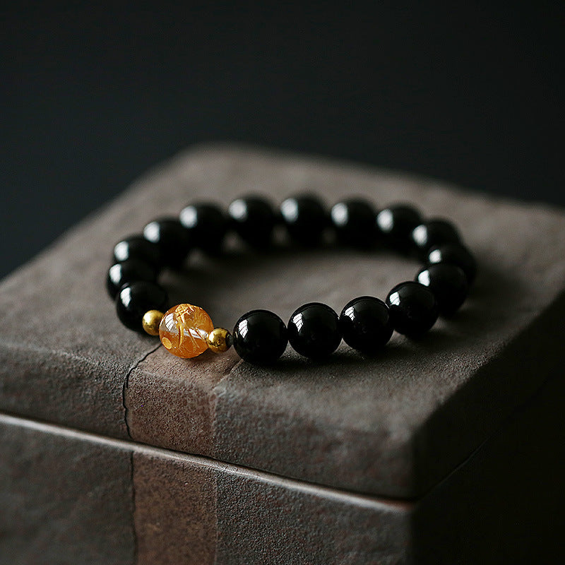 Buddha Stones Natural Black Obsidian White Crystal Black Onyx Dragon Strength Bracelet - Black Obsidian(Wrist Circumference 14-16cm) - image 0