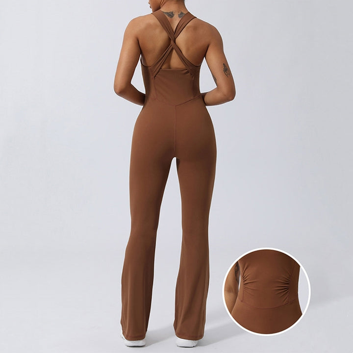Buddha Stones Women Workout Crisscross Sleeveless Flare Jumpsuit Sports Fitness Yoga Bodysuit - Brown - US8-10，UK/AU12-14，EU40-42 (XL) - image 0