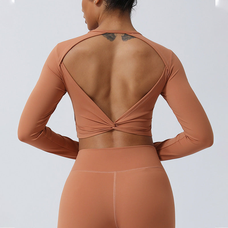 Buddha Stones Women Workout Long Sleeve Crisscross Backless Top Tee Leggings Sports Fitness Yoga Outfit - image 15