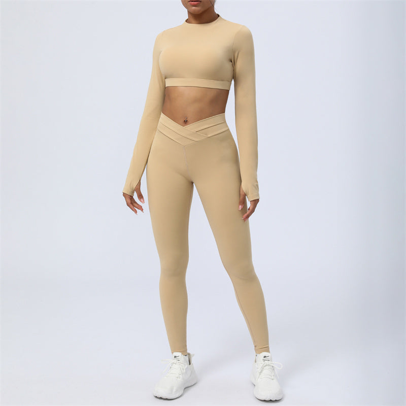 Buddha Stones 2Pcs Long Sleeve Backless Top Bra Leggings Pants Fitness Yoga Outfit Set - Khaki - US4，UK/AU8，EU36 (XL) - image 12