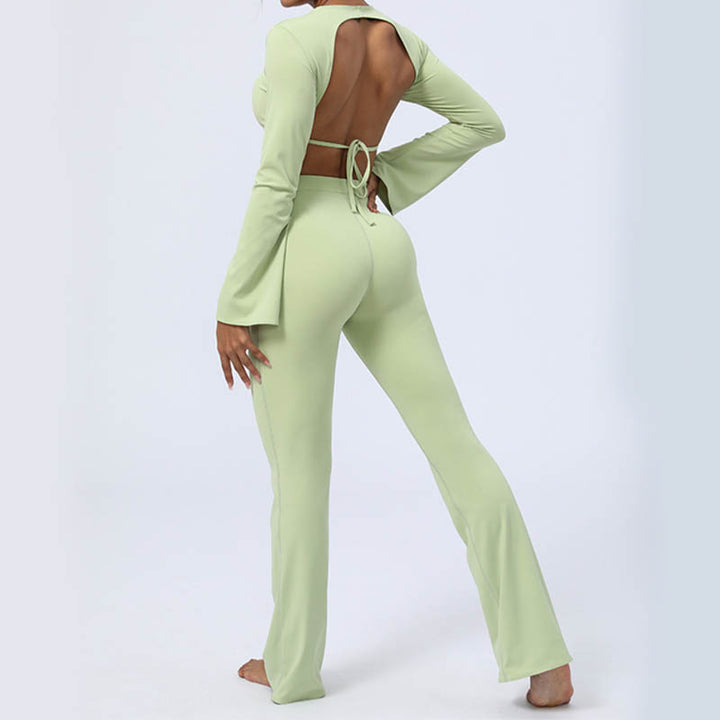 Buddha Stones Long Sleeve Backless Strap Top Bra Flare Pants Fitness Yoga Outfit - image 13