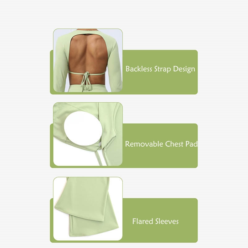 Buddha Stones Long Sleeve Backless Strap Top Bra Flare Pants Fitness Yoga Outfit - image 15