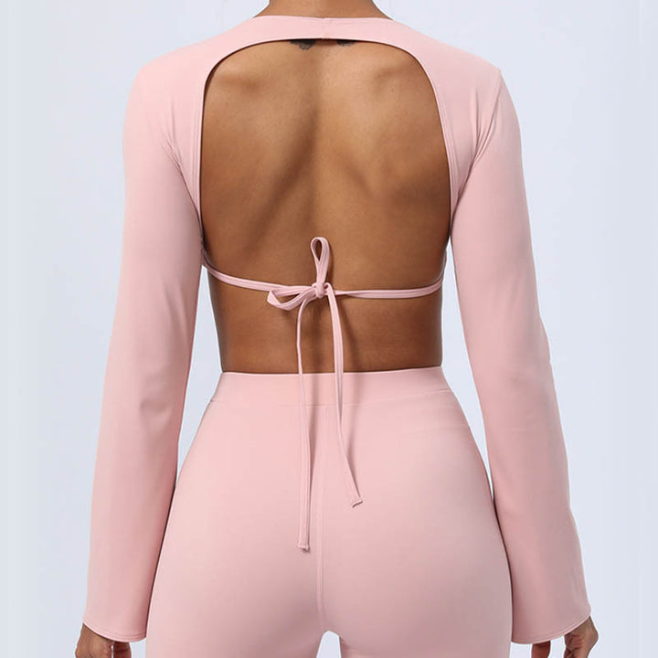 Buddha Stones Long Sleeve Backless Strap Top Bra Flare Pants Fitness Yoga Outfit - image 40