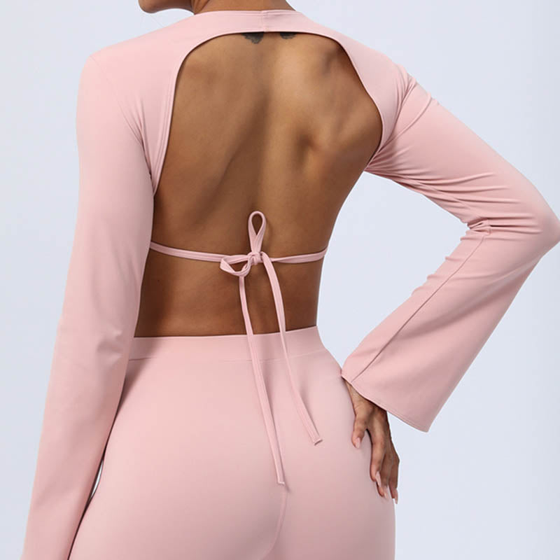 Buddha Stones Long Sleeve Backless Strap Top Bra Flare Pants Fitness Yoga Outfit - image 39