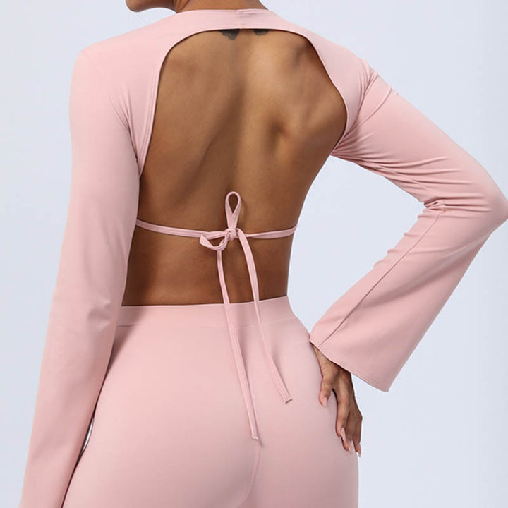 Buddha Stones Long Sleeve Backless Strap Top Bra Flare Pants Fitness Yoga Outfit - image 39