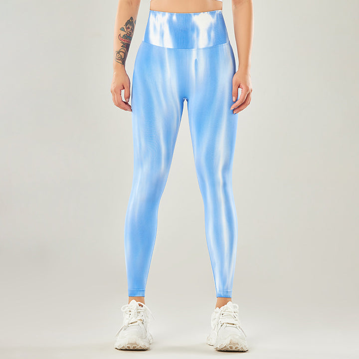 Buddha Stones Seamless Tie Dye Print Pants Sports High Waist Leggings Women's Yoga Pants - Sky Blue - L(Waist 67cm/Hips 78cm/Length 86cm) - image 8