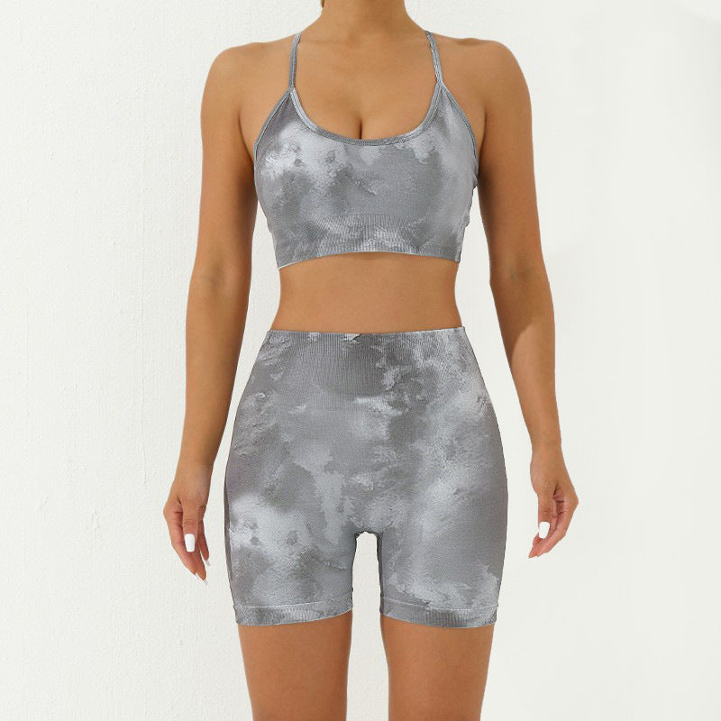 Buddha Stones 2Pcs Camo Print Backless Criss-Cross Strap Top Bra Shorts Leggings Pants Fitness Yoga Outfit Set - Gray - 2Pcs(Top&Shorts) - US8-10，UK/AU12-14，EU40-42 (L) - image 22