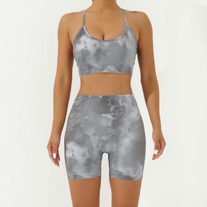 Buddha Stones 2Pcs Camo Print Backless Criss-Cross Strap Top Bra Shorts Leggings Pants Fitness Yoga Outfit Set - Gray - 2Pcs(Top&Shorts) - US8-10，UK/AU12-14，EU40-42 (L) - image 22