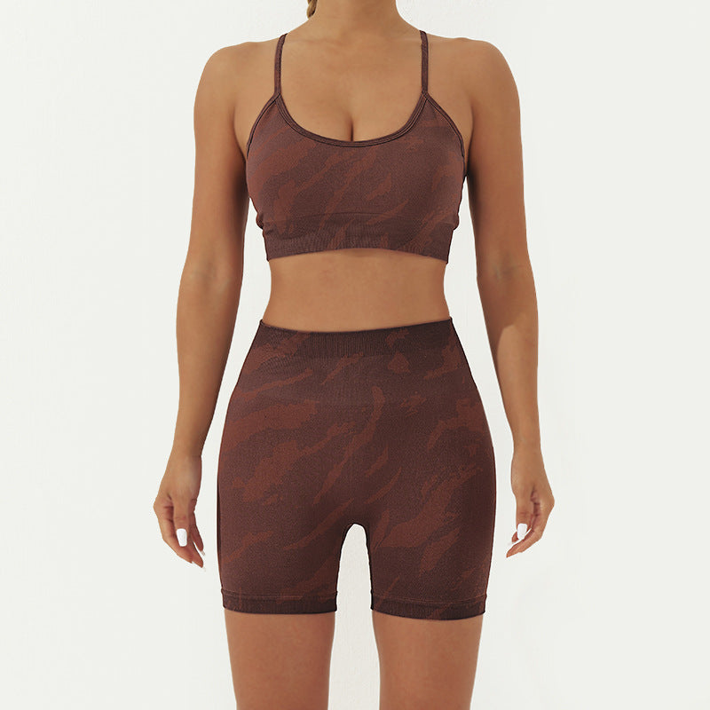 Buddha Stones 2Pcs Camo Print Backless Criss-Cross Strap Top Bra Shorts Leggings Pants Fitness Yoga Outfit Set - Brown - 2Pcs(Top&Shorts) - US8-10，UK/AU12-14，EU40-42 (L) - image 8
