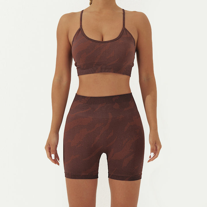 Buddha Stones 2Pcs Camo Print Backless Criss-Cross Strap Top Bra Shorts Leggings Pants Fitness Yoga Outfit Set - Brown - 2Pcs(Top&Shorts) - US8-10，UK/AU12-14，EU40-42 (L) - image 8