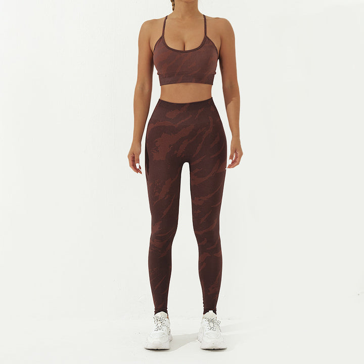 Buddha Stones 2Pcs Camo Print Backless Criss-Cross Strap Top Bra Shorts Leggings Pants Fitness Yoga Outfit Set - Brown - 2Pcs(Top&Pants) - US8-10，UK/AU12-14，EU40-42 (L) - image 9