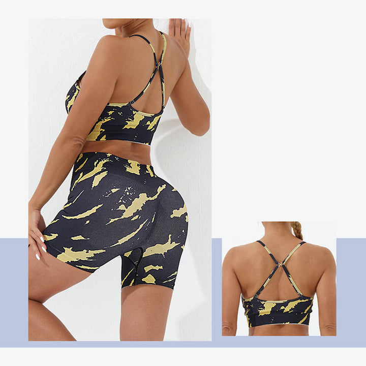 Buddha Stones 2Pcs Camo Print Backless Criss-Cross Strap Top Bra Shorts Leggings Pants Fitness Yoga Outfit Set - image 2