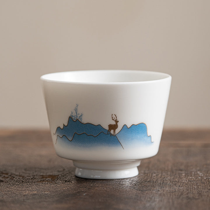 Buddha Stones Lotus Flower Leaf Mountain Pavilion Elk Peony Ceramic Teacup Kung Fu Tea Cup - 5.7cm*7.3cm*100ml - Elk - image 29