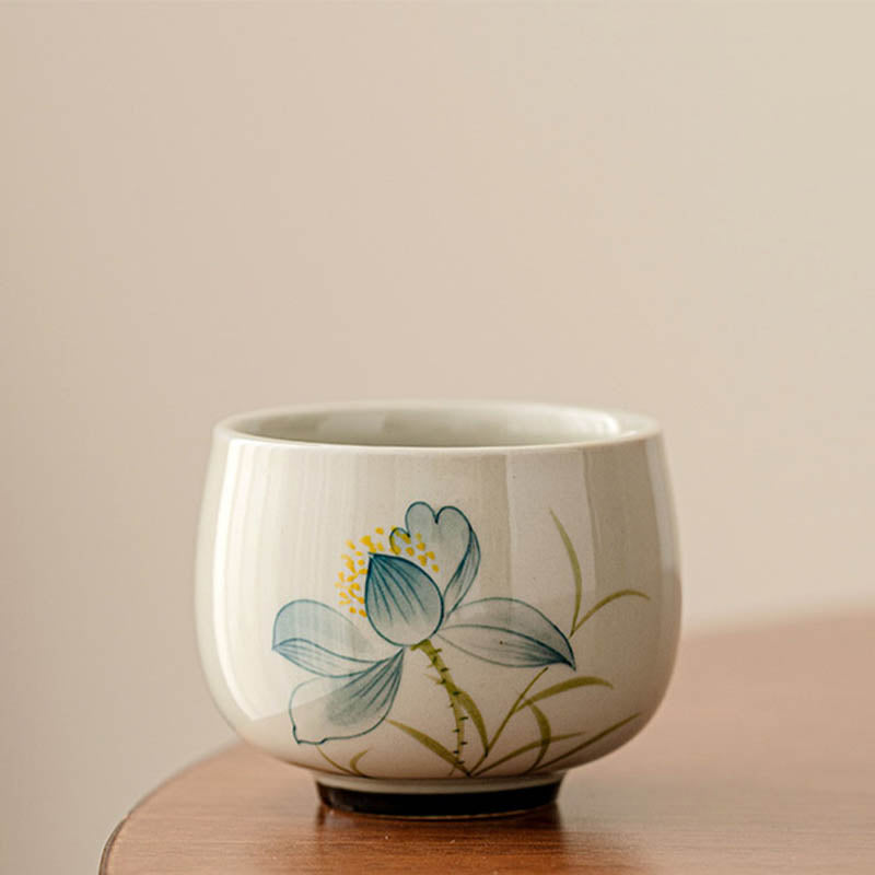 Buddha Stones Hand Painted Lotus Flower Ceramic Teacup Kung Fu Tea Cup - 6cm*5.3cm*70ml - image 1