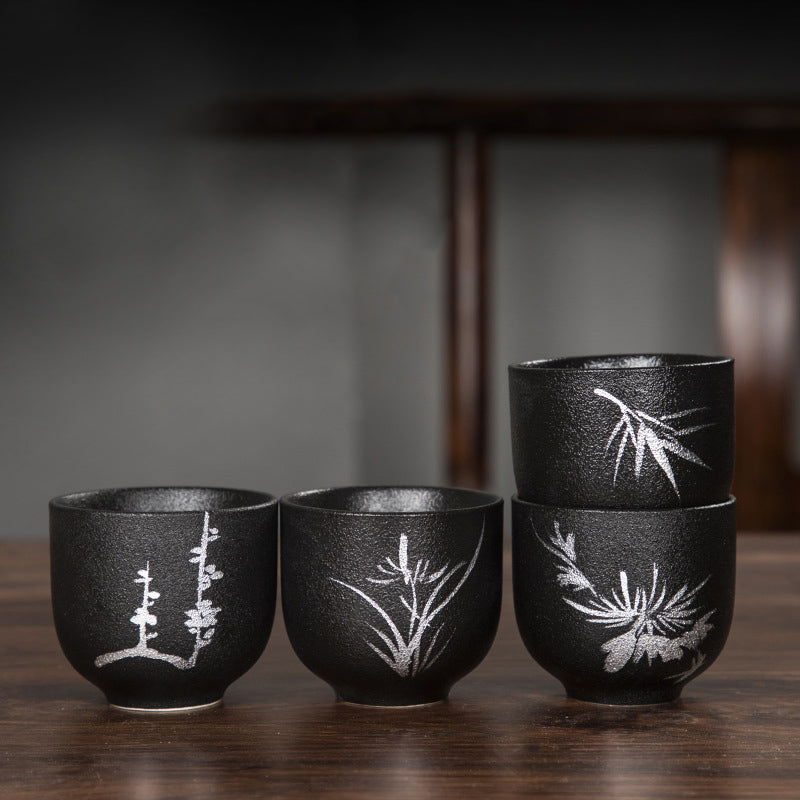 Buddha Stones Hand Painted Lotus Flower Bamboo Chrysanthemum Black Pottery Ceramic Teacup Kung Fu Tea Cup 95ml - image 0