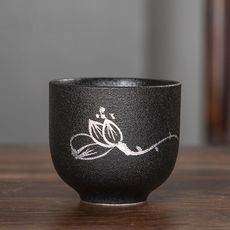 Buddha Stones Hand Painted Lotus Flower Bamboo Chrysanthemum Black Pottery Ceramic Teacup Kung Fu Tea Cup 95ml - Lotus 6.3cm*5.7cm*95ml - image 1
