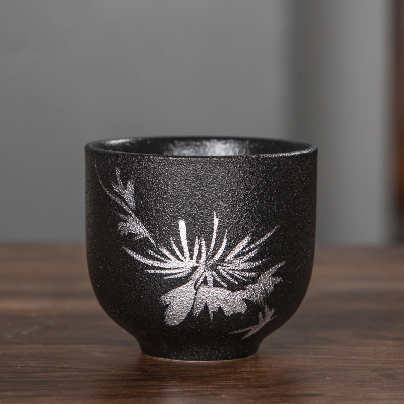 Buddha Stones Hand Painted Lotus Flower Bamboo Chrysanthemum Black Pottery Ceramic Teacup Kung Fu Tea Cup 95ml - Chrysanthemum 6.3cm*5.7cm*95ml - image 3