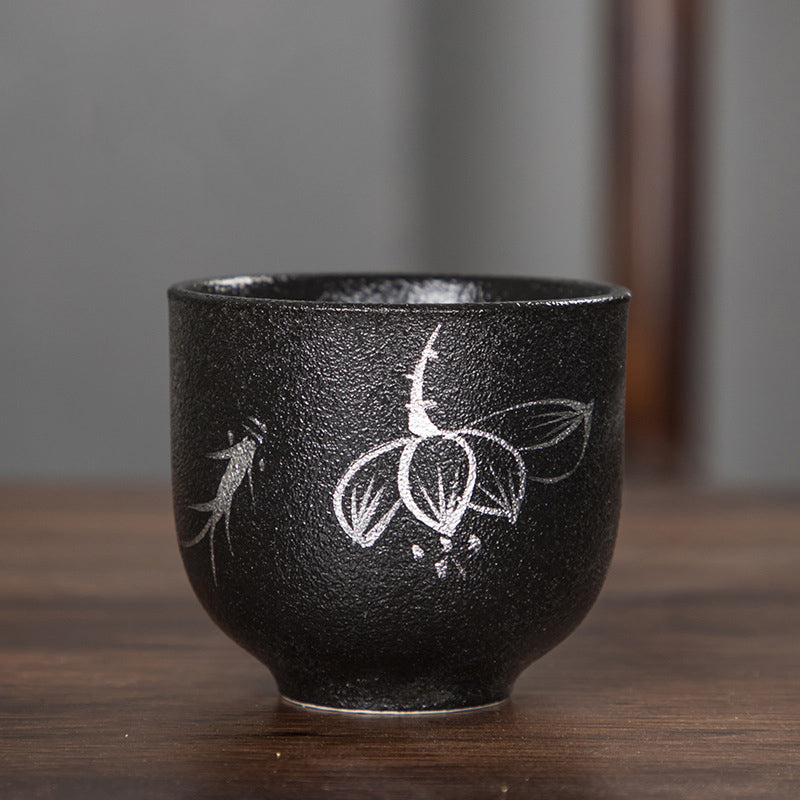 Buddha Stones Hand Painted Lotus Flower Bamboo Chrysanthemum Black Pottery Ceramic Teacup Kung Fu Tea Cup 95ml - Lotus Flower 6.3cm*5.7cm*95ml - image 11