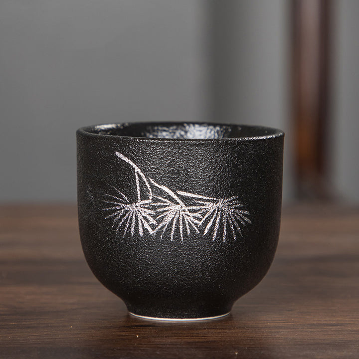 Buddha Stones Hand Painted Lotus Flower Bamboo Chrysanthemum Black Pottery Ceramic Teacup Kung Fu Tea Cup 95ml - Leaves 6.3cm*5.7cm*95ml - image 16