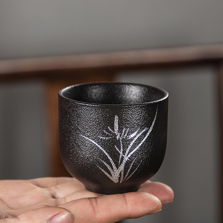 Buddha Stones Hand Painted Lotus Flower Bamboo Chrysanthemum Black Pottery Ceramic Teacup Kung Fu Tea Cup 95ml - image 10