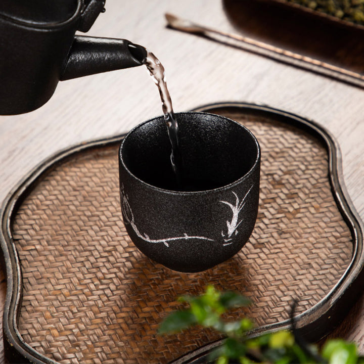 Buddha Stones Hand Painted Lotus Flower Bamboo Chrysanthemum Black Pottery Ceramic Teacup Kung Fu Tea Cup 95ml - image 2