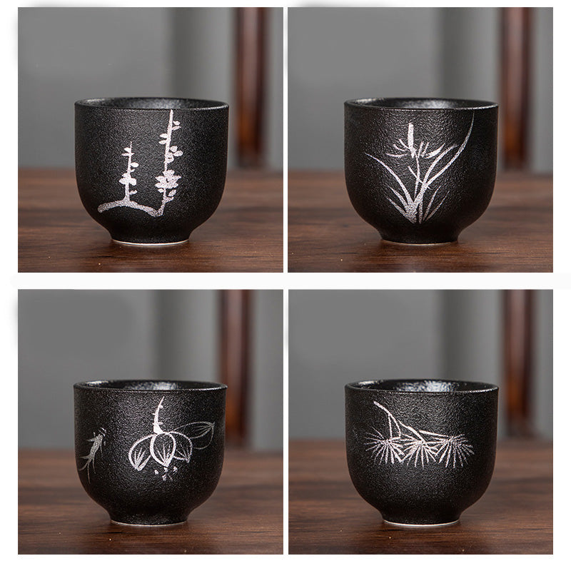 Buddha Stones Hand Painted Lotus Flower Bamboo Chrysanthemum Black Pottery Ceramic Teacup Kung Fu Tea Cup 95ml - image 19