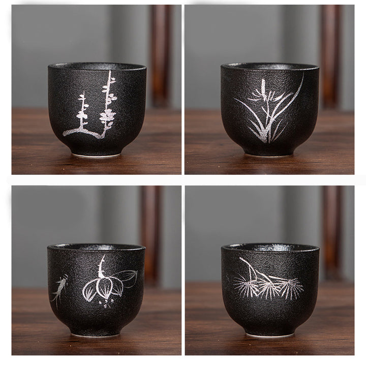 Buddha Stones Hand Painted Lotus Flower Bamboo Chrysanthemum Black Pottery Ceramic Teacup Kung Fu Tea Cup 95ml - image 19