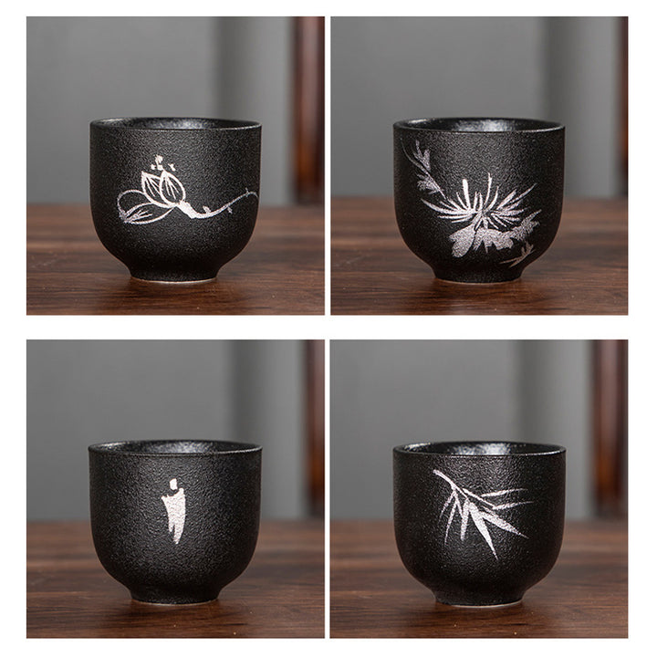 Buddha Stones Hand Painted Lotus Flower Bamboo Chrysanthemum Black Pottery Ceramic Teacup Kung Fu Tea Cup 95ml - image 20
