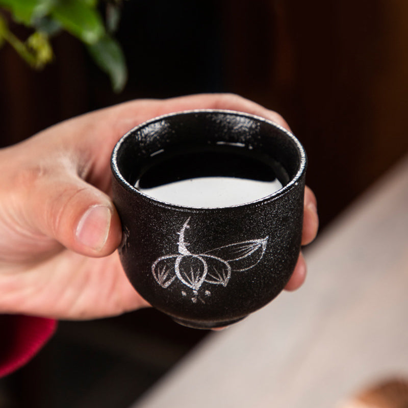Buddha Stones Hand Painted Lotus Flower Bamboo Chrysanthemum Black Pottery Ceramic Teacup Kung Fu Tea Cup 95ml - image 12