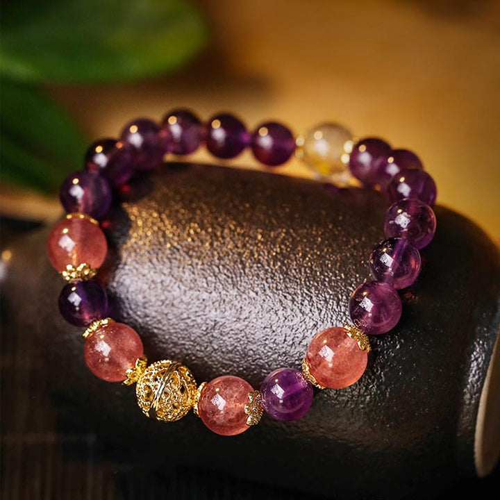 Buddha Stones Natural Citrine Amethyst Rutilated Quartz Prosperity Protection Bracelet - image 7