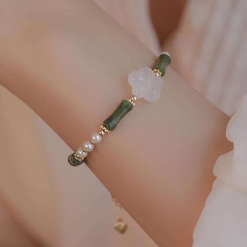 Buddha Stones Peridot Bamboo Flower Agate Pearl Peace Bracelet - image 1