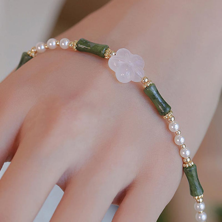 Buddha Stones Peridot Bamboo Flower Agate Pearl Peace Bracelet - image 2