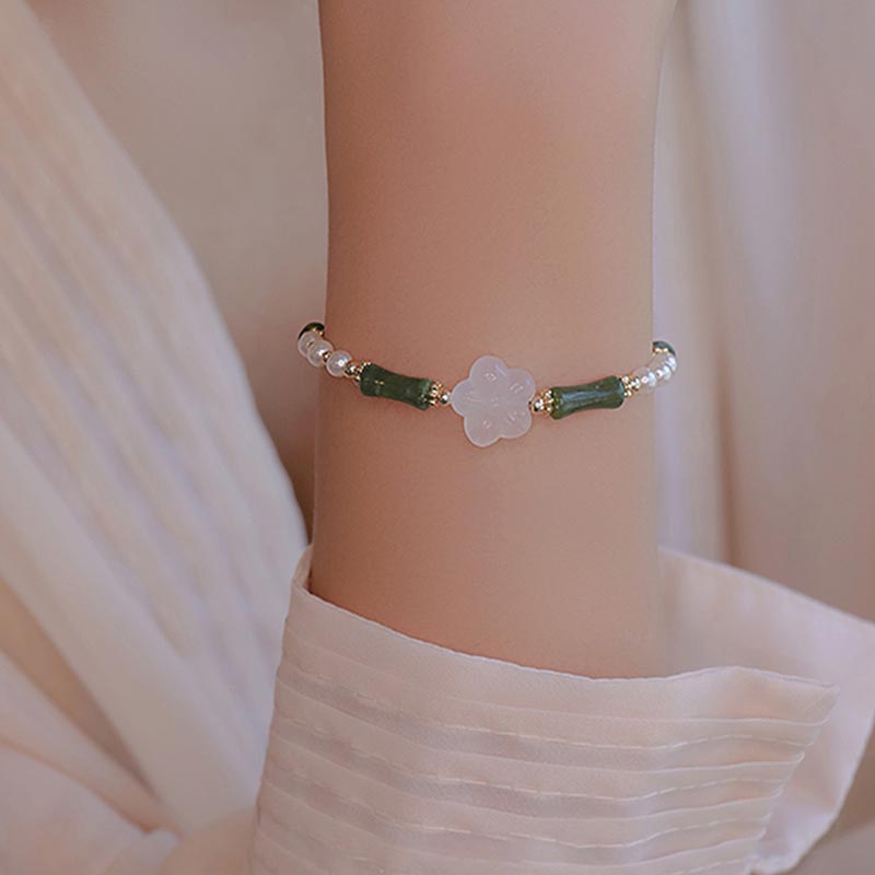 Buddha Stones Peridot Bamboo Flower Agate Pearl Peace Bracelet - image 6