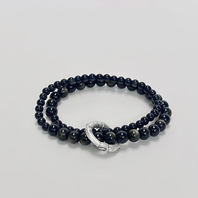 Buddha Stones 999 Sterling Silver Black Obsidian Fulfillment Strength Double Layer Bracelet - Black Obsidian(Wrist Circumference 14-16cm) - image 0