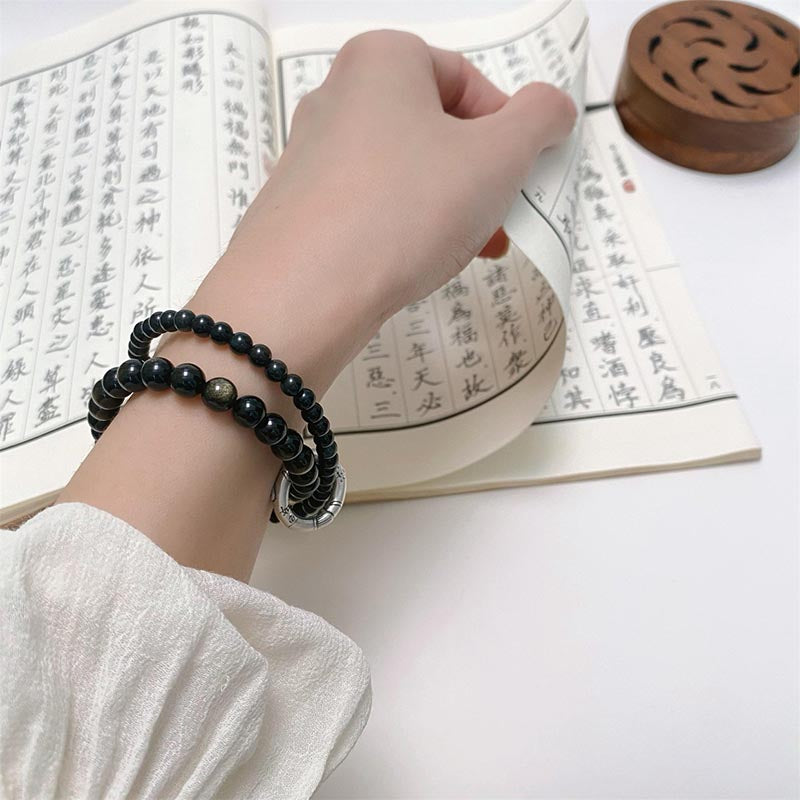 Buddha Stones 999 Sterling Silver Black Obsidian Fulfillment Strength Double Layer Bracelet - image 7