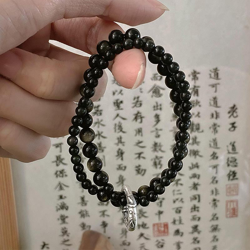 Buddha Stones 999 Sterling Silver Black Obsidian Fulfillment Strength Double Layer Bracelet - image 8