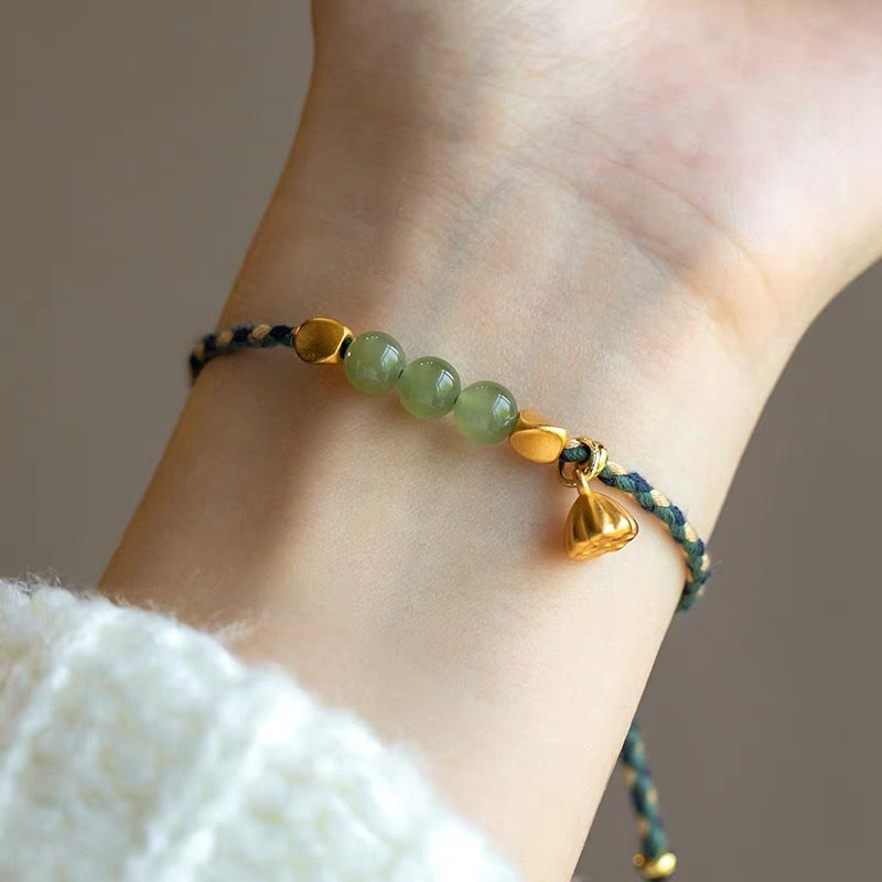 Buddha Stones Handcrafted Hetian Jade Lotus Charm Luck Braided Bracelet - image 2