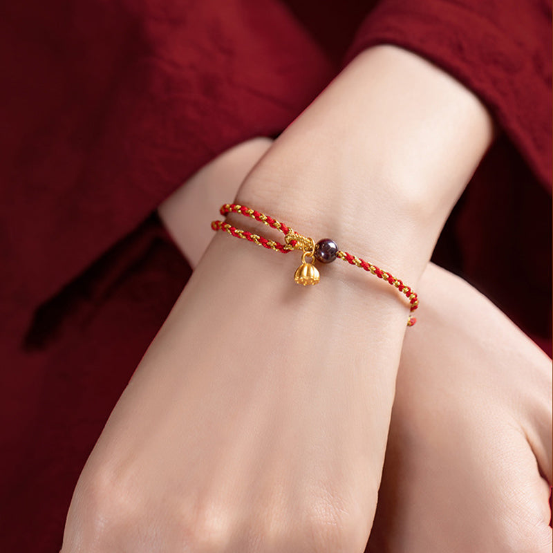 Buddha Stones Handcrafted Red Gold Rope Lotus Peace And Joy Charm Braid Bracelet - image 10