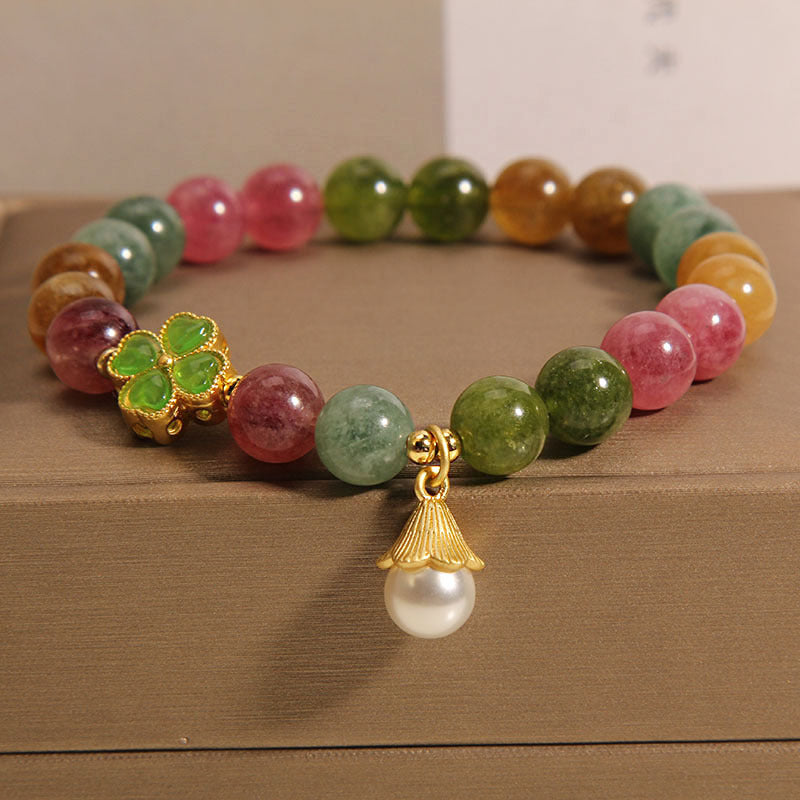Buddha Stones Colorful Tourmaline Four Leaf Clover Flower Wisdom Bracelet - Tourmaline(Positive♥Love)(Wrist Circumference 14-16cm) - image 0
