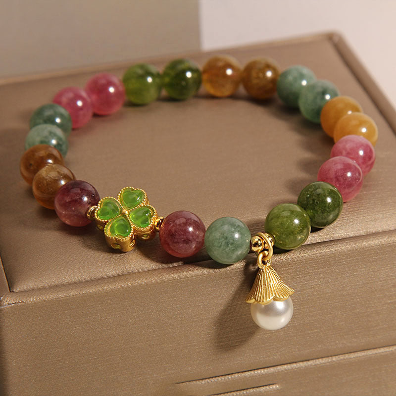 Buddha Stones Colorful Tourmaline Four Leaf Clover Flower Wisdom Bracelet - image 4