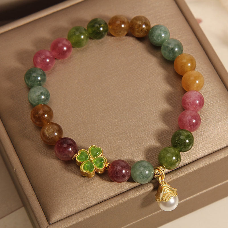Buddha Stones Colorful Tourmaline Four Leaf Clover Flower Wisdom Bracelet - image 1