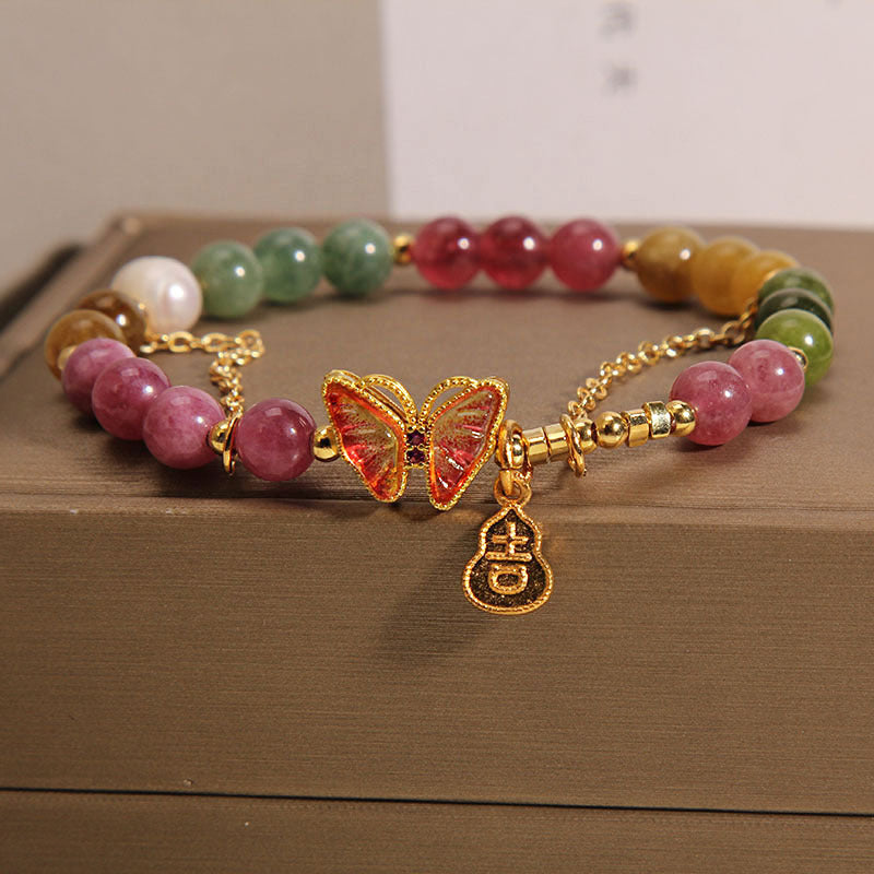 Buddha Stones Natural Colorful Tourmaline Butterfly Auspicious Character Gourd Charm Positive Bracelet - Tourmaline(Positive♥Love)(Wrist Circumference 14-16cm) - image 0