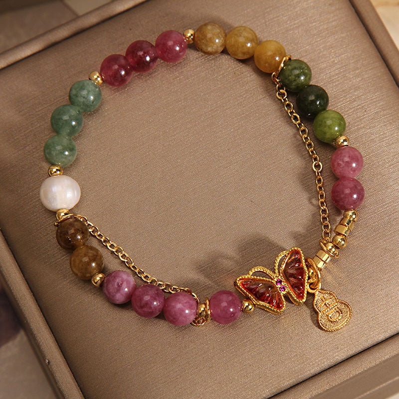 Buddha Stones Natural Colorful Tourmaline Butterfly Auspicious Character Gourd Charm Positive Bracelet - image 1