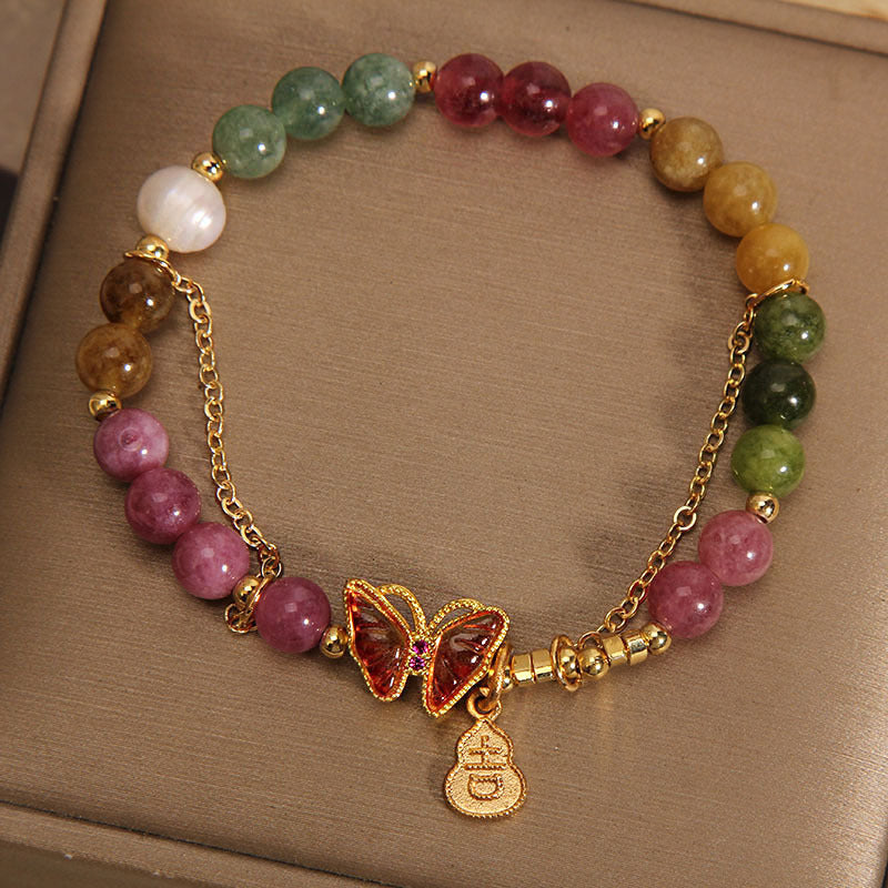 Buddha Stones Natural Colorful Tourmaline Butterfly Auspicious Character Gourd Charm Positive Bracelet - image 2
