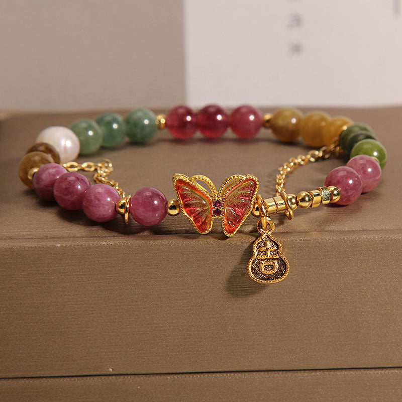 Buddha Stones Natural Colorful Tourmaline Butterfly Auspicious Character Gourd Charm Positive Bracelet - image 4