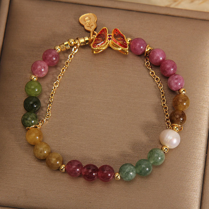 Buddha Stones Natural Colorful Tourmaline Butterfly Auspicious Character Gourd Charm Positive Bracelet - image 5
