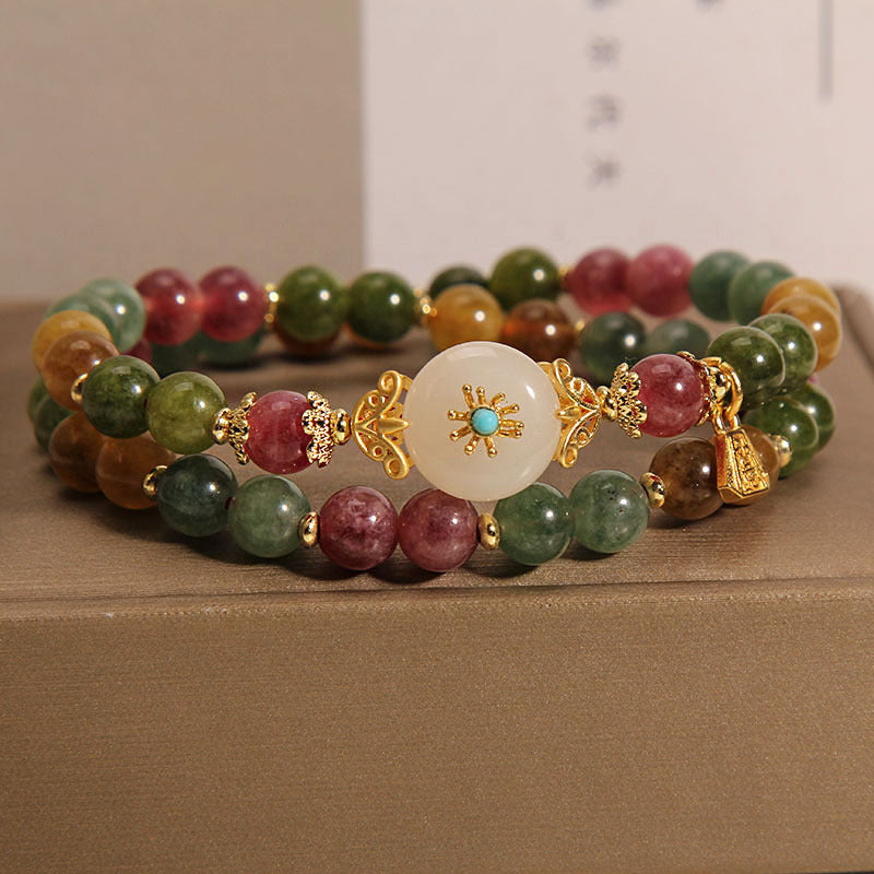 Buddha Stones Natural Multicolored Tourmaline Positive Jade Flower Double Wrap Bracelet - Tourmaline(Positive♥Love)(Wrist Circumference 14-16cm)Double Wrap - image 0
