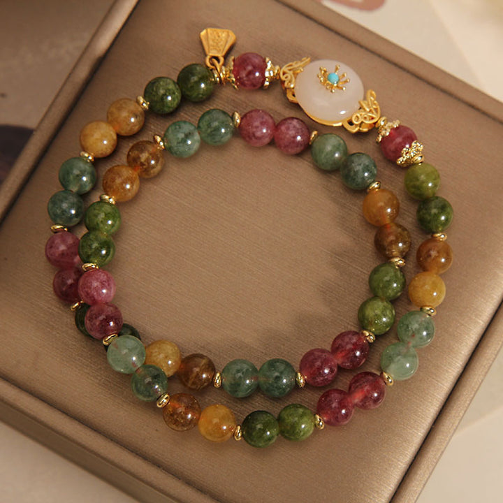 Buddha Stones Natural Multicolored Tourmaline Positive Jade Flower Double Wrap Bracelet - image 3